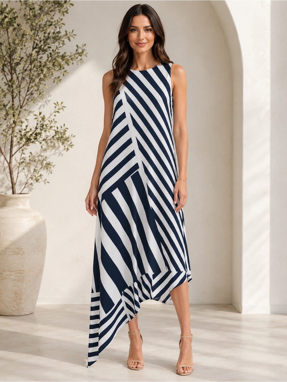 Lauren Ralph Lauren Navy & Ivory Striped Asymmetrical Maxi Dress | NWT | Size 0
